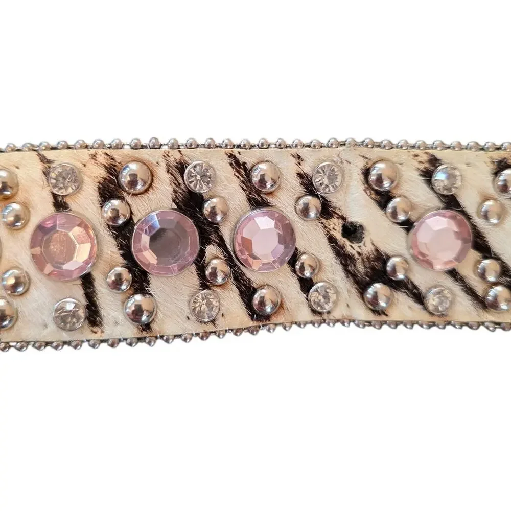 Atlas Western Calf Hair Zebra Print Pink Rhinestones Silver Studded Belt 34 XS